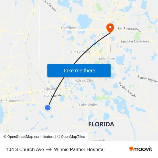 104 S Church Ave to Winnie Palmer Hospital map