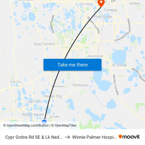 Cypr Grdns Rd SE & Lk Ned Rd to Winnie Palmer Hospital map