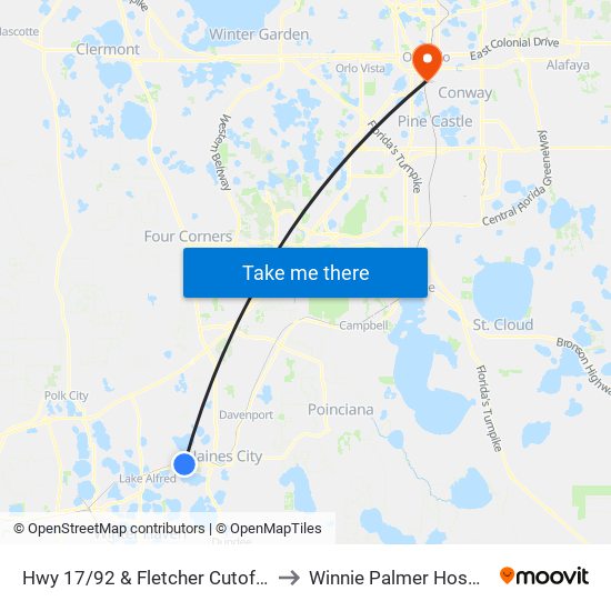 Hwy 17/92 & Fletcher Cutoff Rd to Winnie Palmer Hospital map