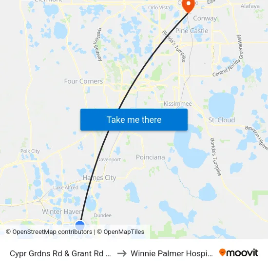 Cypr Grdns Rd & Grant Rd SE to Winnie Palmer Hospital map