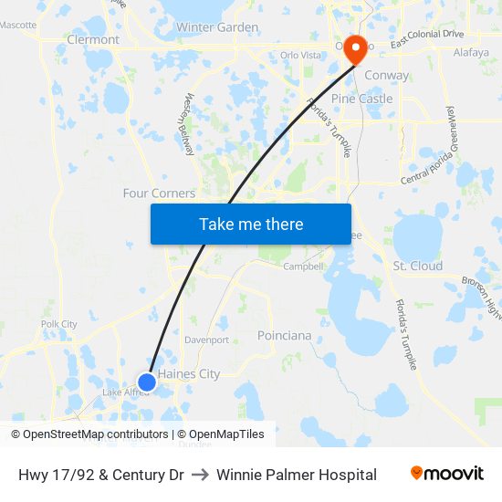 Hwy 17/92 & Century Dr to Winnie Palmer Hospital map