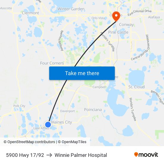 5900 Hwy 17/92 to Winnie Palmer Hospital map