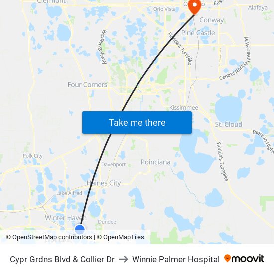 Cypr Grdns Blvd & Collier Dr to Winnie Palmer Hospital map