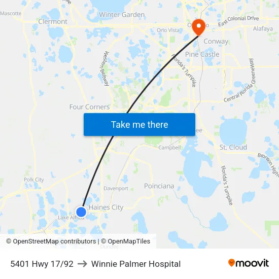 5401 Hwy 17/92 to Winnie Palmer Hospital map
