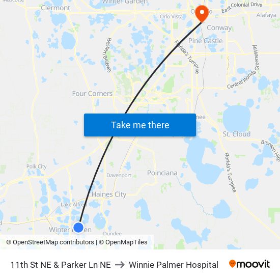 11th St NE & Parker Ln NE to Winnie Palmer Hospital map