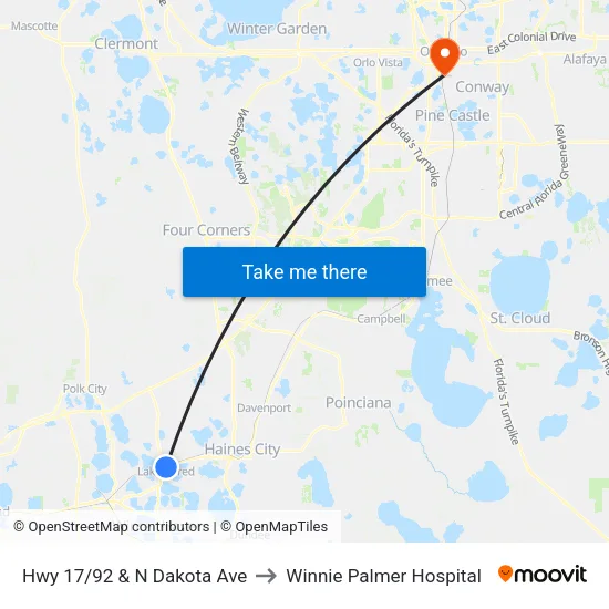 Hwy 17/92 & N Dakota Ave to Winnie Palmer Hospital map