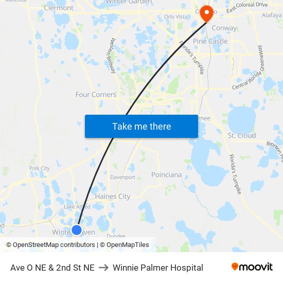 Ave O NE & 2nd St NE to Winnie Palmer Hospital map