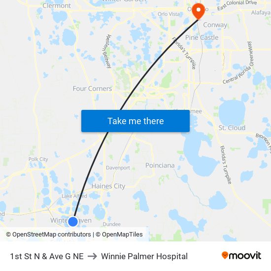 1st St N & Ave G NE to Winnie Palmer Hospital map