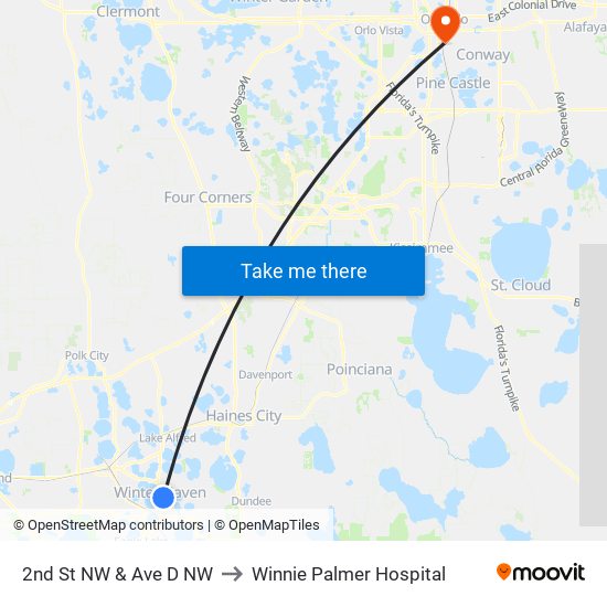 2nd St NW & Ave D NW to Winnie Palmer Hospital map