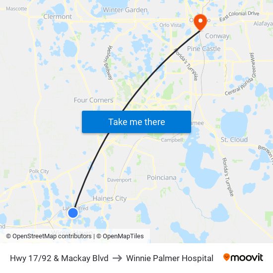 Hwy 17/92 & Mackay Blvd to Winnie Palmer Hospital map