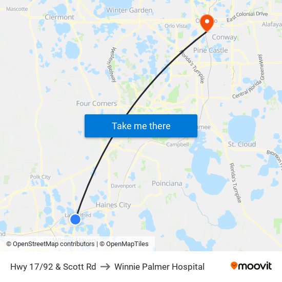Hwy 17/92 & Scott Rd to Winnie Palmer Hospital map