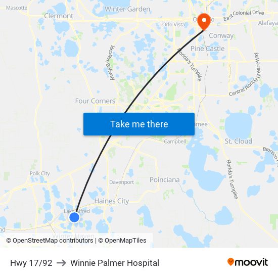Hwy 17/92 to Winnie Palmer Hospital map