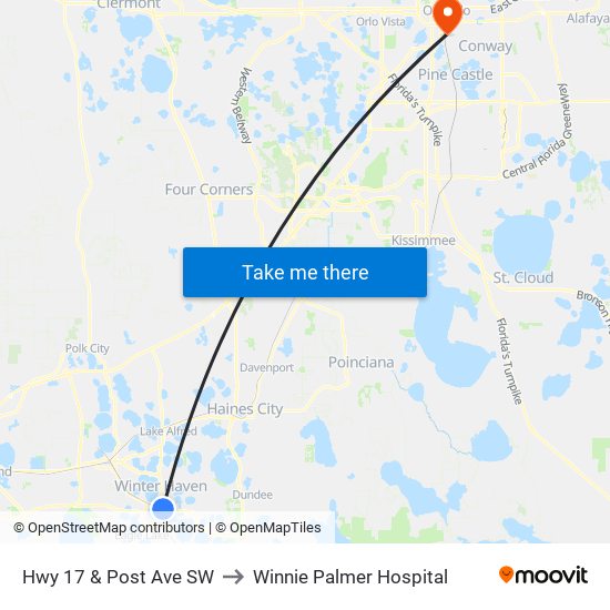 Hwy 17 & Post Ave SW to Winnie Palmer Hospital map