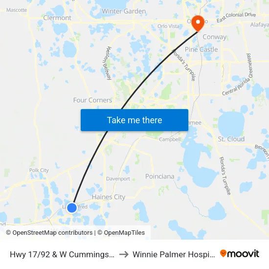 Hwy 17/92 & W Cummings St to Winnie Palmer Hospital map