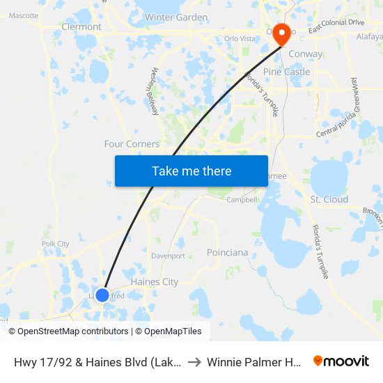 Hwy 17/92 & Haines Blvd (Lake Alfred) to Winnie Palmer Hospital map