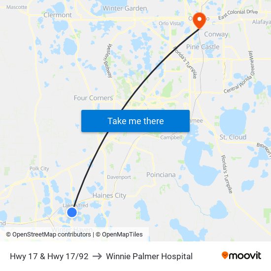 Hwy 17 & Hwy 17/92 to Winnie Palmer Hospital map