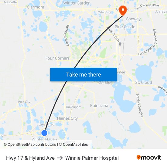 Hwy 17 & Hyland Ave to Winnie Palmer Hospital map