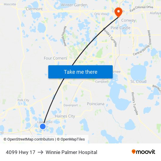 4099 Hwy 17 to Winnie Palmer Hospital map