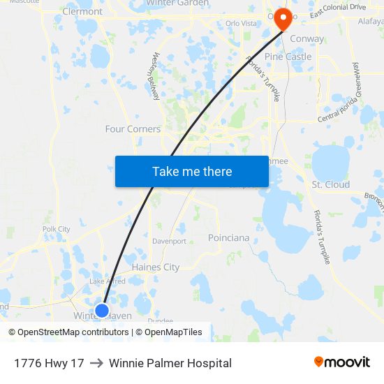 1776 Hwy 17 to Winnie Palmer Hospital map