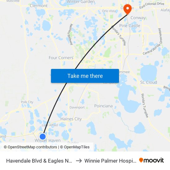 Havendale Blvd & Eagles Nest to Winnie Palmer Hospital map