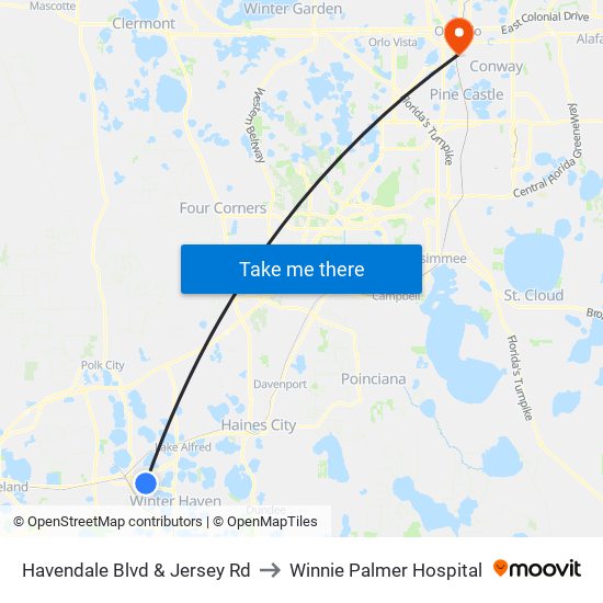 Havendale Blvd & Jersey Rd to Winnie Palmer Hospital map