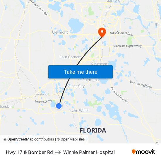 Hwy 17 & Bomber Rd to Winnie Palmer Hospital map