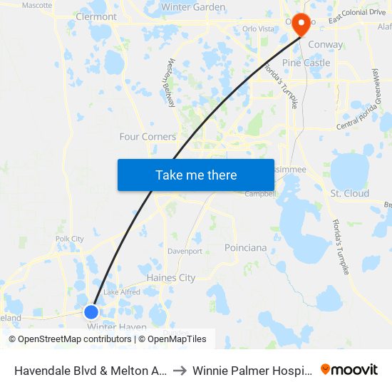 Havendale Blvd & Melton Ave to Winnie Palmer Hospital map