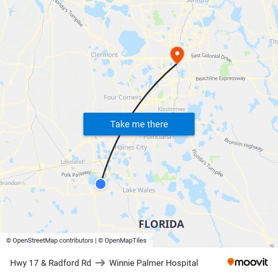 Hwy 17 & Radford Rd to Winnie Palmer Hospital map