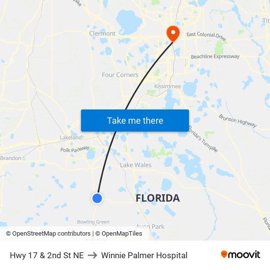 Hwy 17 & 2nd St NE to Winnie Palmer Hospital map