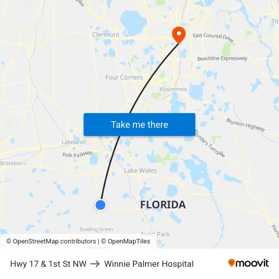 Hwy 17 & 1st St NW to Winnie Palmer Hospital map