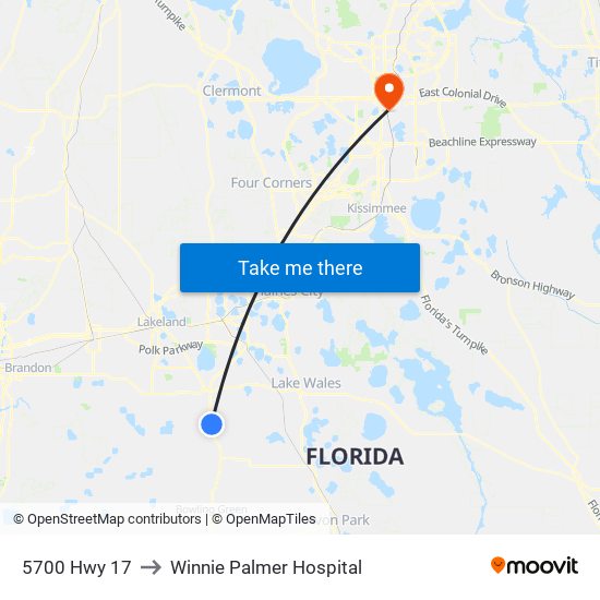 5700 Hwy 17 to Winnie Palmer Hospital map