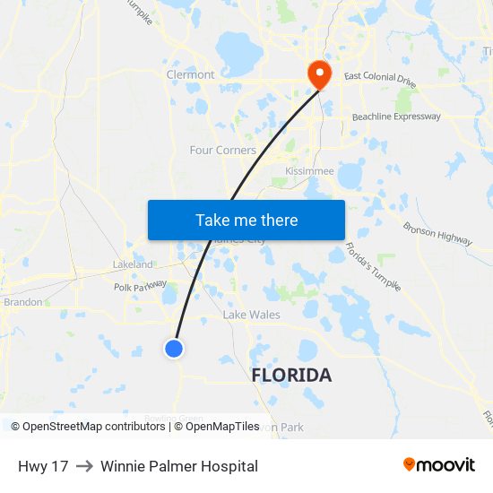 Hwy 17 to Winnie Palmer Hospital map