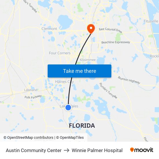 Austin Community Center to Winnie Palmer Hospital map