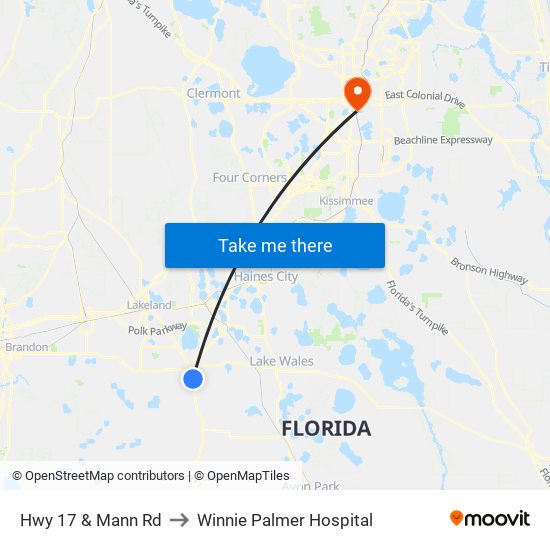 Hwy 17 & Mann Rd to Winnie Palmer Hospital map