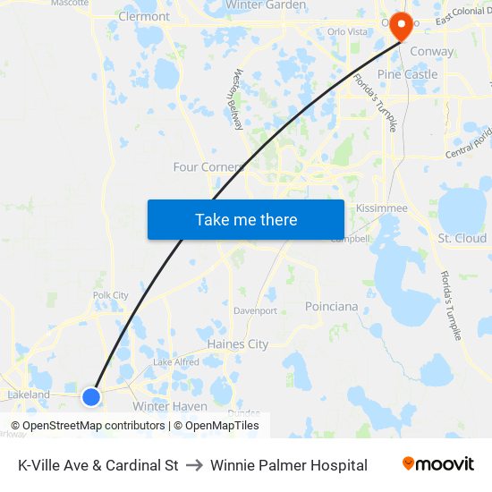 K-Ville Ave & Cardinal St to Winnie Palmer Hospital map