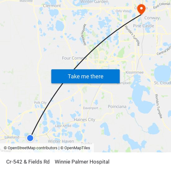 Cr-542 & Fields Rd to Winnie Palmer Hospital map