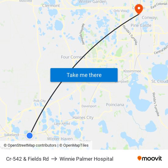 Cr-542 & Fields Rd to Winnie Palmer Hospital map