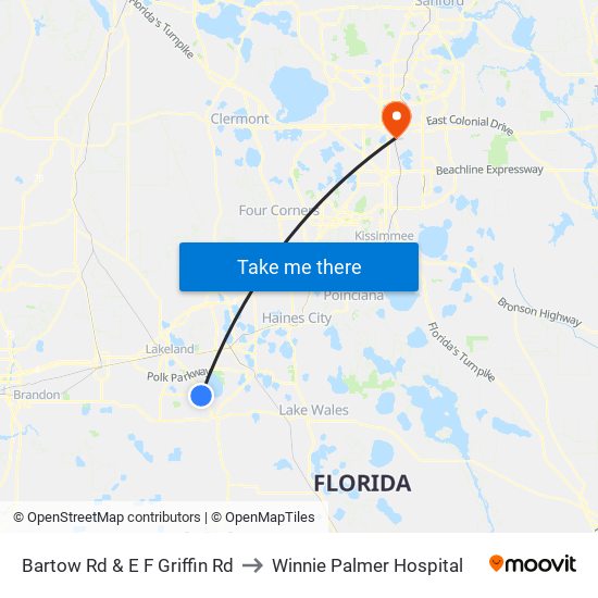 Bartow Rd & E F Griffin Rd to Winnie Palmer Hospital map