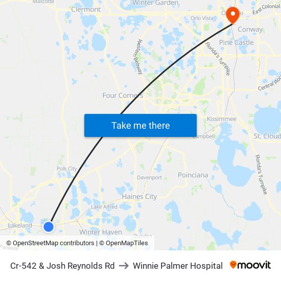 Cr-542 & Josh Reynolds Rd to Winnie Palmer Hospital map