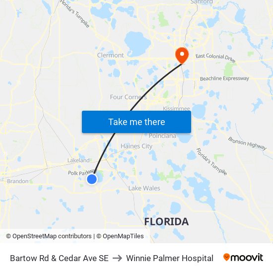 Bartow Rd & Cedar Ave SE to Winnie Palmer Hospital map