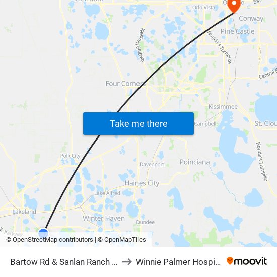 Bartow Rd & Sanlan Ranch Dr to Winnie Palmer Hospital map