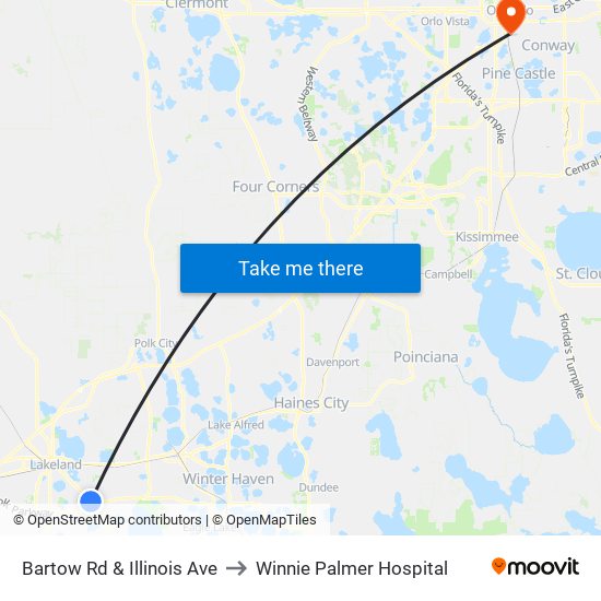 Bartow Rd & Illinois Ave to Winnie Palmer Hospital map