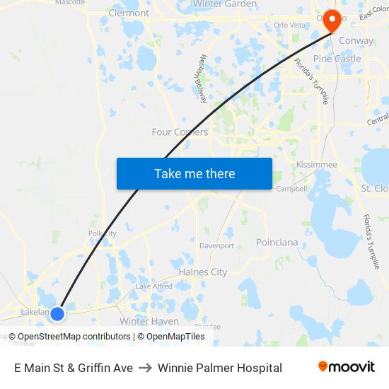 E Main St & Griffin Ave to Winnie Palmer Hospital map