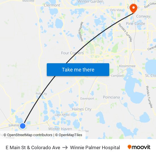 E Main St & Colorado Ave to Winnie Palmer Hospital map