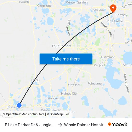 E Lake Parker Dr & Jungle St to Winnie Palmer Hospital map