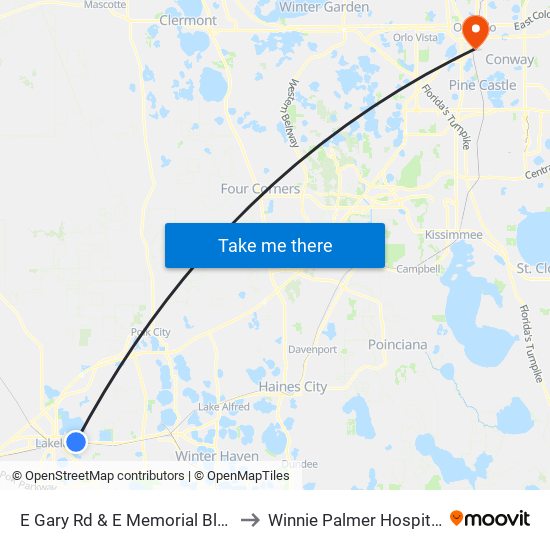 E Gary Rd & E Memorial Blvd to Winnie Palmer Hospital map