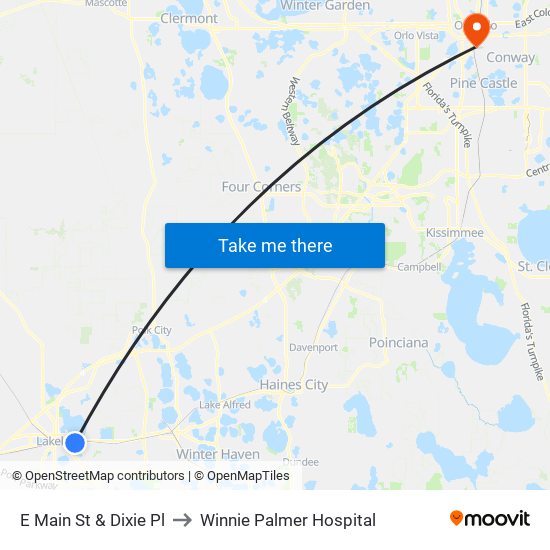 E Main St & Dixie Pl to Winnie Palmer Hospital map