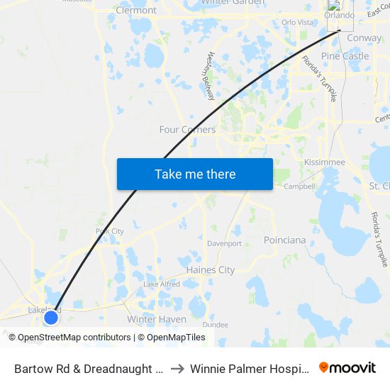 Bartow Rd & Dreadnaught Dr to Winnie Palmer Hospital map