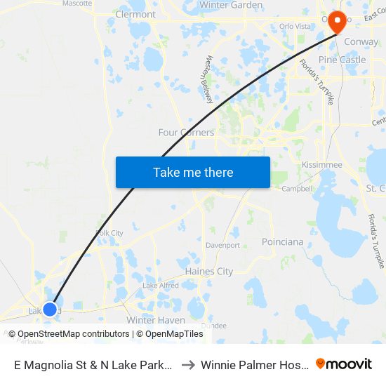 E Magnolia St & N Lake Parker Ave to Winnie Palmer Hospital map