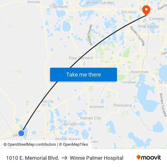 1010 E. Memorial Blvd. to Winnie Palmer Hospital map